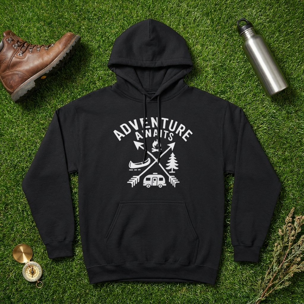 Black Adventure Awaits camping hoodie laid flat on grass with a hiking boot, water bottle, compass and dried plant
