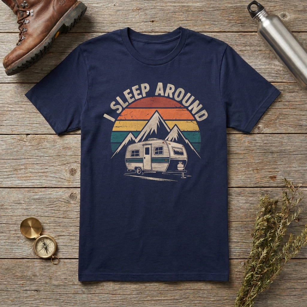 Navy blue I Sleep Around t-shirt with a retro camper and mountains graphic laid flat on a wooden surface with a boot, water bottle, compass, and dried flowers.