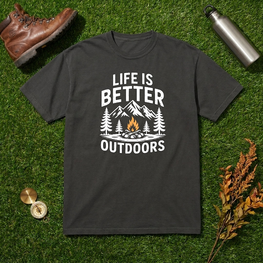 A dark charcoal gray t-shirt with a white graphic reading 'LIFE IS BETTER OUTDOORS' and showing mountains, trees, and a campfire. The shirt is laid flat on green grass with outdoor props including a brown leather boot, a silver water bottle, and dried flowers.