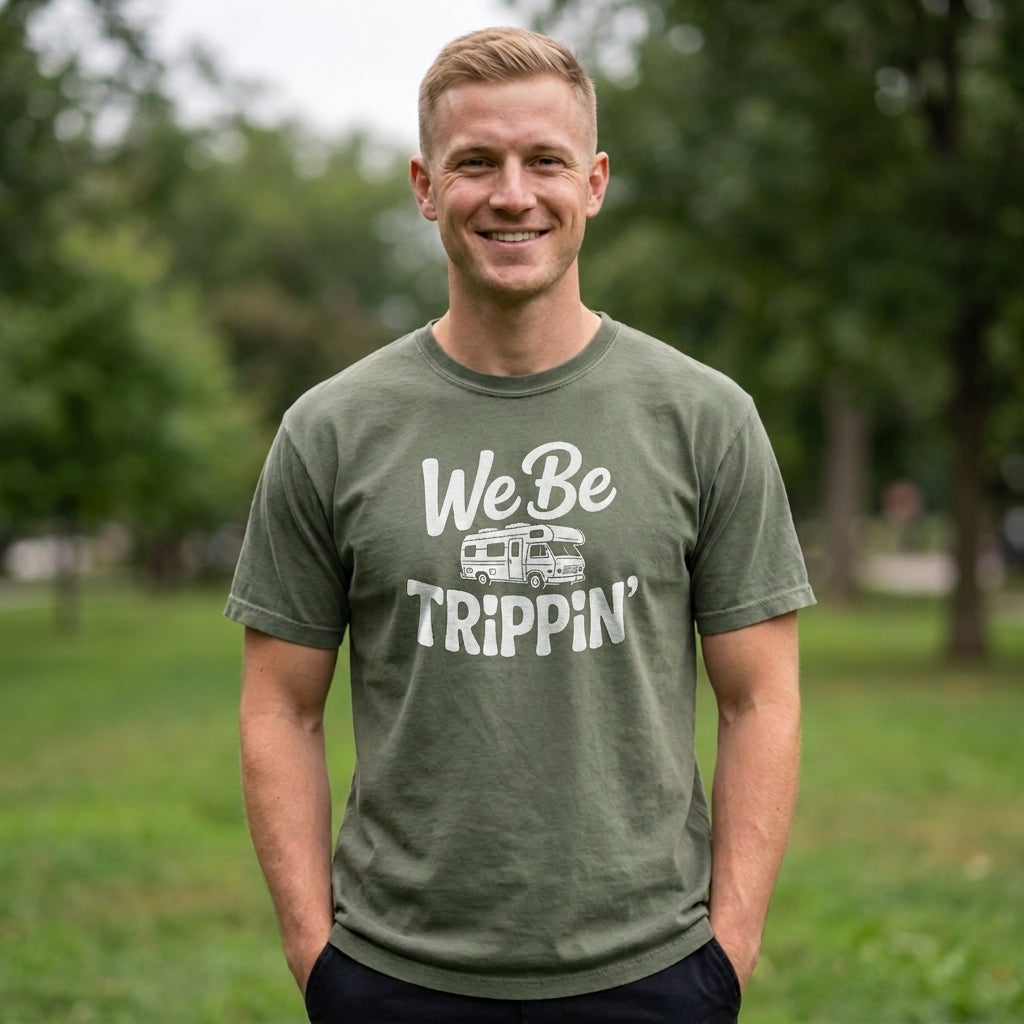 A smiling man standing outdoors in a park wearing a military green t-shirt with a white graphic that reads 'We Be Trippin'' with a small RV illustration.