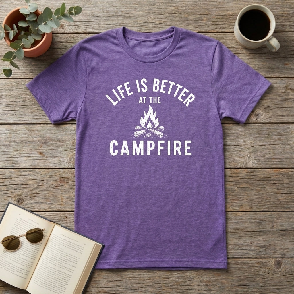 A heather purple short-sleeve t-shirt with a white graphic reading 'LIFE IS BETTER AT THE CAMPFIRE' and a campfire illustration, laid flat on a rustic wooden surface with a book, sunglasses, plant, and coffee mug as props.