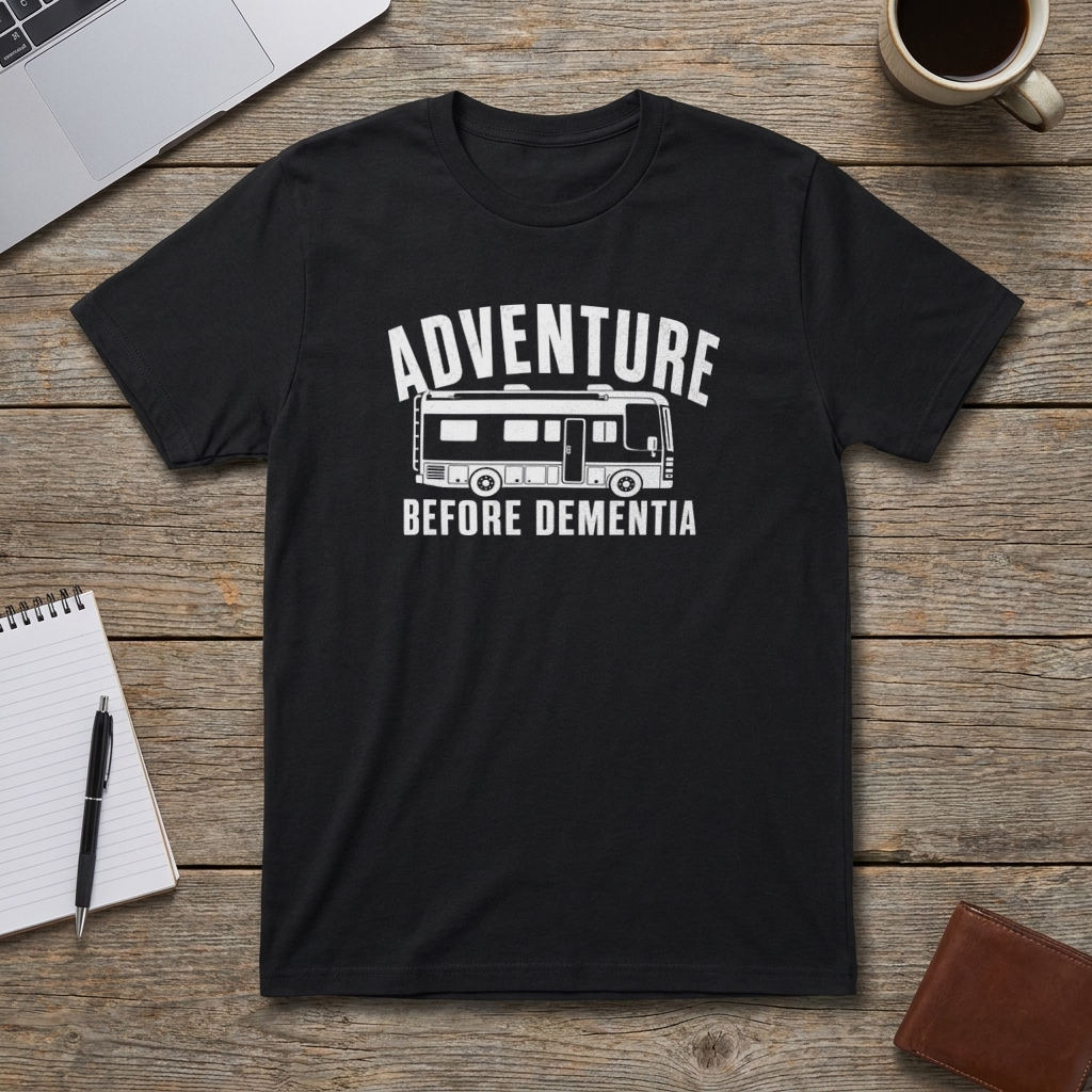 A black short-sleeve graphic t-shirt laid flat on a rustic wooden table, featuring a white printed design of an RV with the text 'ADVENTURE BEFORE DEMENTIA'. The shirt is styled in a flat-lay arrangement with a laptop corner, a coffee mug, a notebook, a pen, and a brown leather wallet.