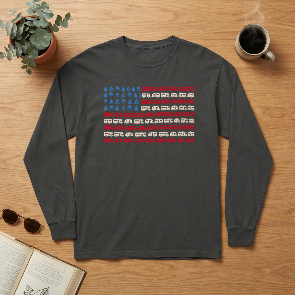 Flat lay of a charcoal gray long sleeve shirt with an American flag made of RVs on a wood table with coffee and a book