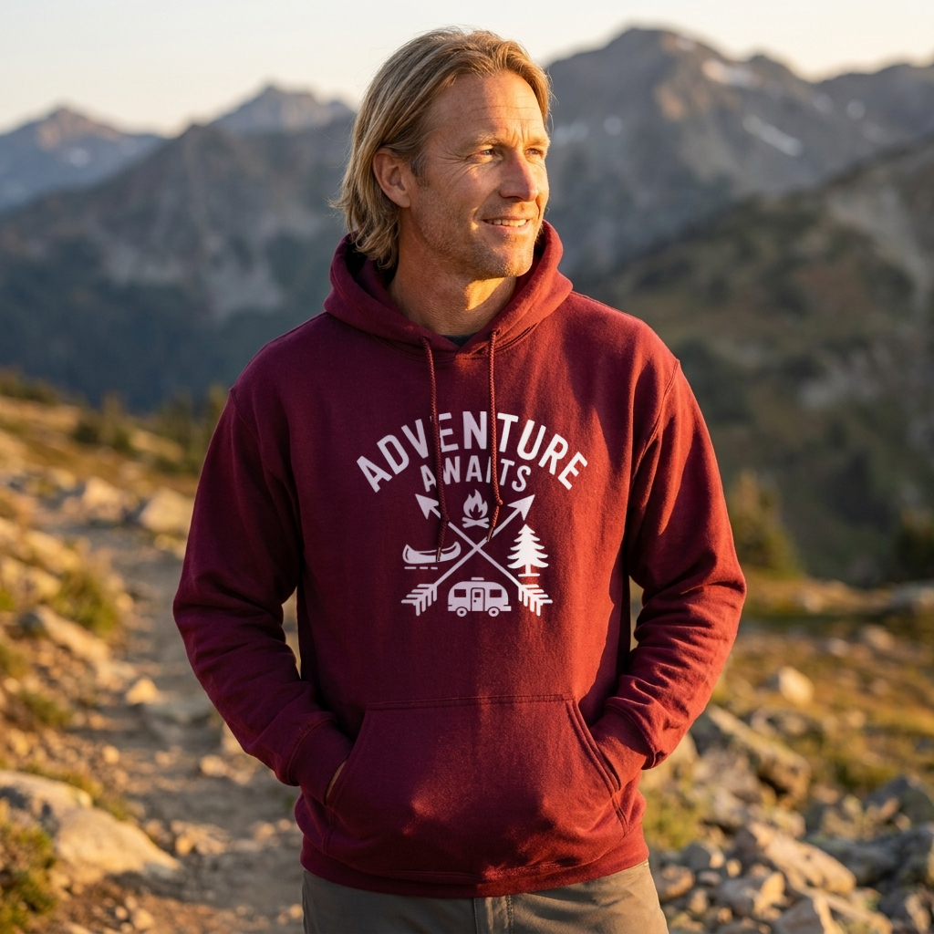 Man in a maroon Adventure Awaits camping hoodie standing on a mountain trail at sunset