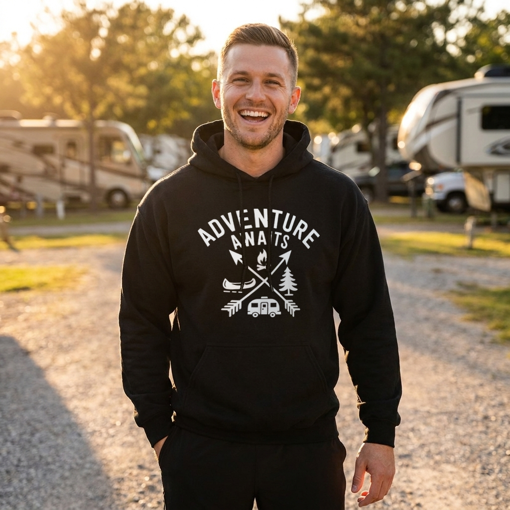 Laughing man in a black Adventure Awaits camping hoodie standing in an RV campground
