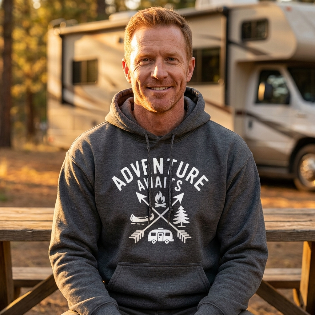 Smiling man in a dark gray Adventure Awaits camping hoodie sitting at a picnic table in front of a motorhome