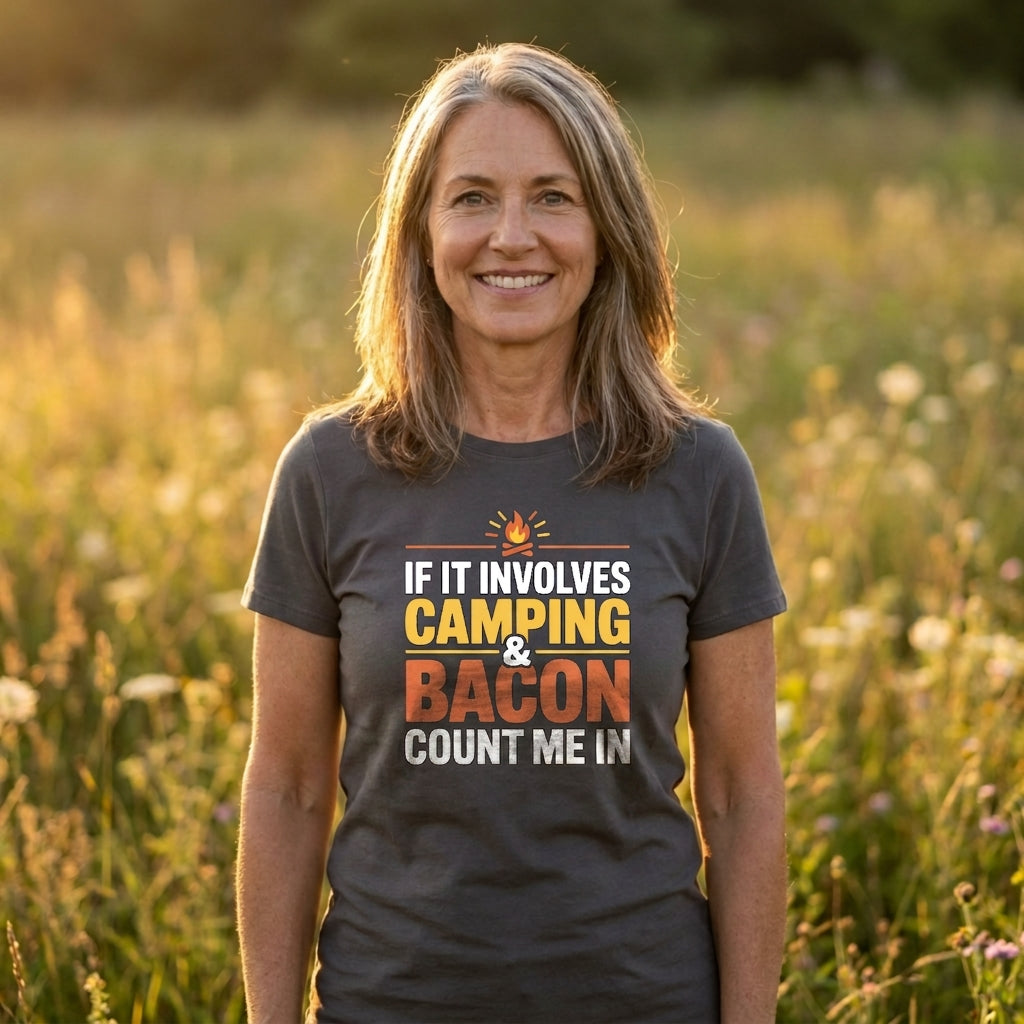 A smiling woman standing in a sunlit grassy field wearing a dark charcoal gray graphic t-shirt with the text 'IF IT INVOLVES CAMPING & BACON COUNT ME IN' in white, yellow, and orange lettering.