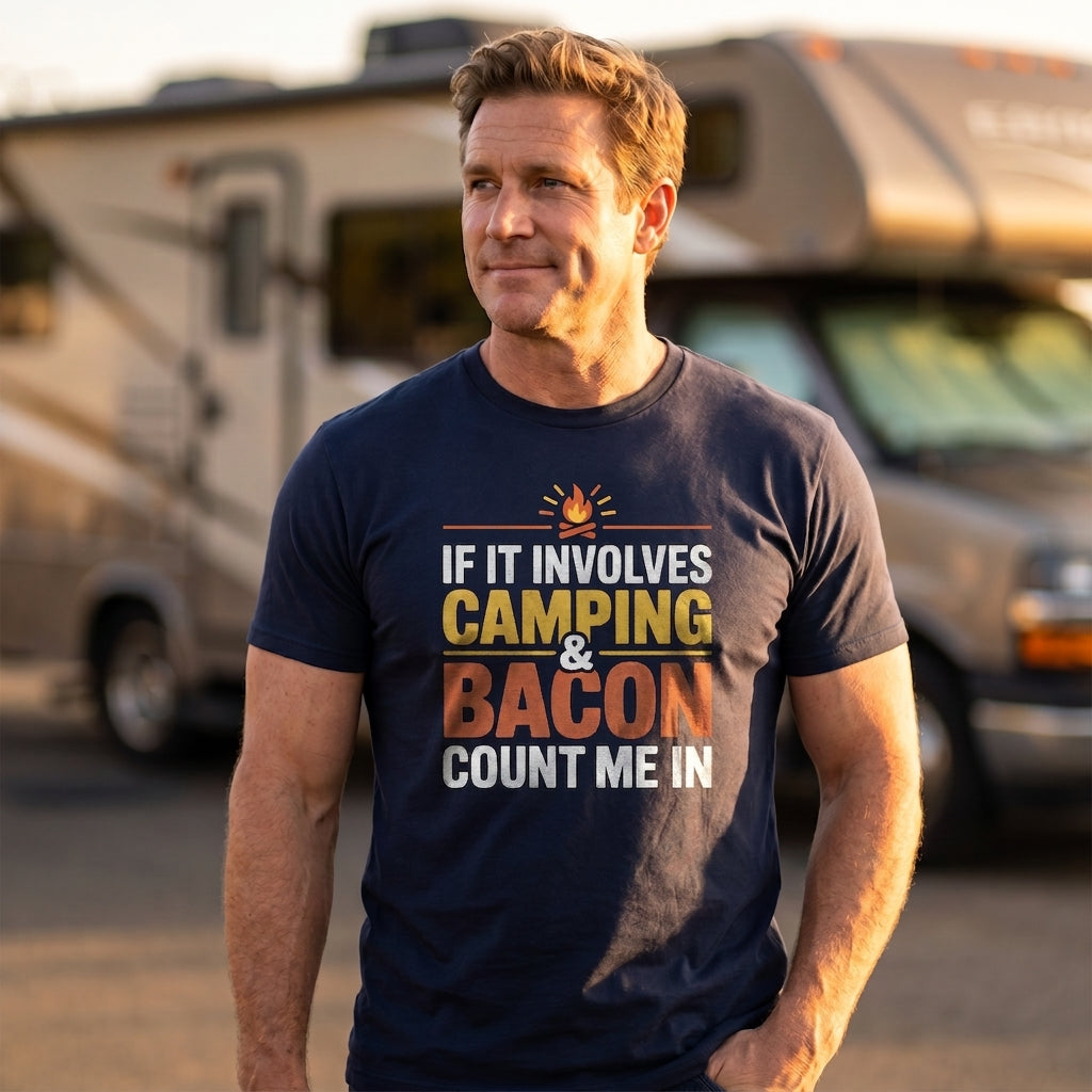 A man wearing a navy blue graphic t-shirt with the text 'IF IT INVOLVES CAMPING & BACON COUNT ME IN' in white, yellow, and orange lettering. He is standing outdoors with a blurred recreational vehicle in the background.