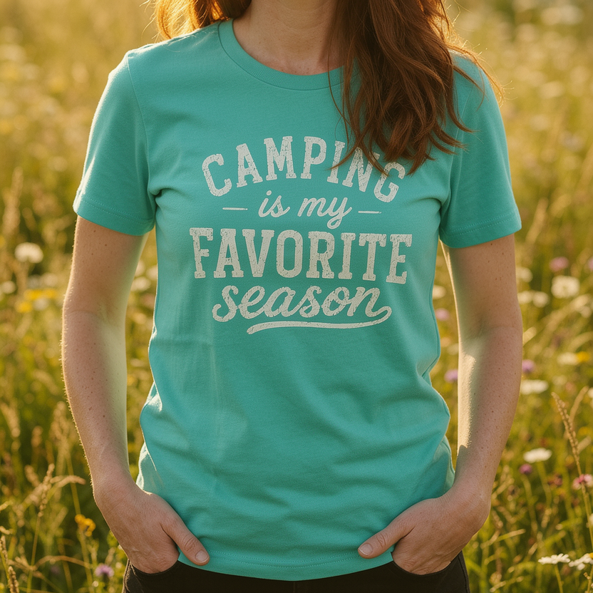 A woman with long red hair stands in a sunlit grassy field wearing a teal short-sleeve T-shirt with the phrase 'CAMPING is my FAVORITE season' printed in white across the front.