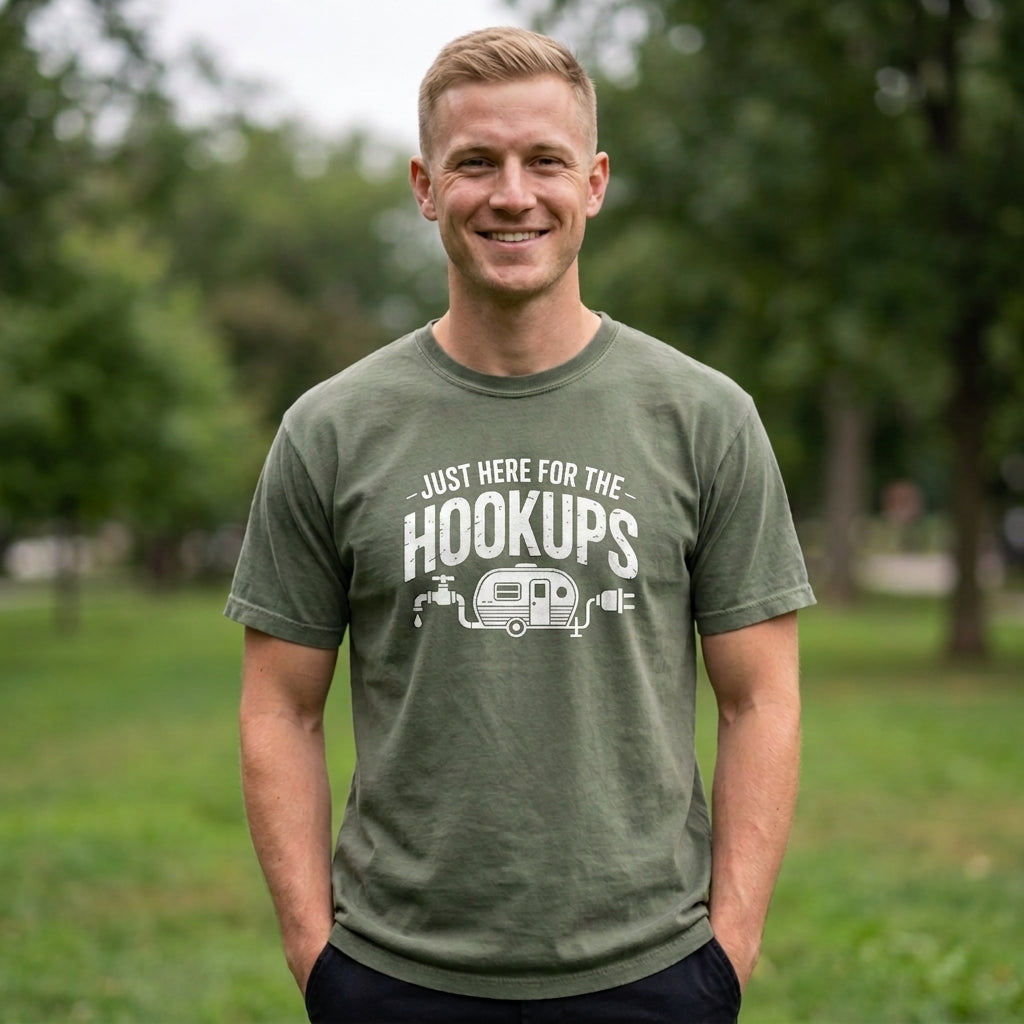 A smiling man wearing a military green t-shirt with a white graphic that reads 'JUST HERE FOR THE HOOKUPS' and features a small trailer illustration, standing in a park with trees in the background.