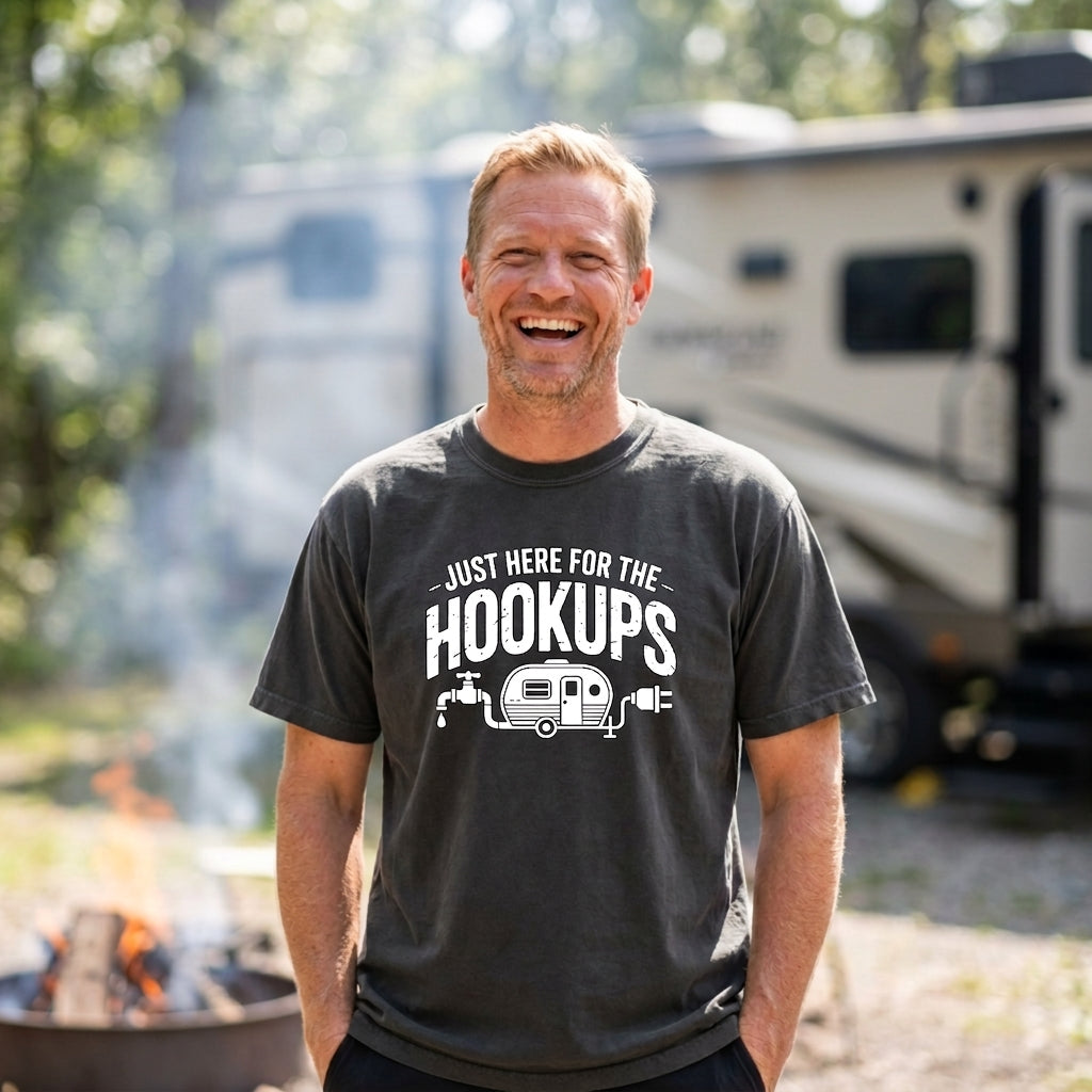 A man smiling outdoors wearing a dark charcoal gray t-shirt with a white graphic that reads 'JUST HERE FOR THE HOOKUPS' with a small trailer illustration. An RV and a campfire are blurred in the background.