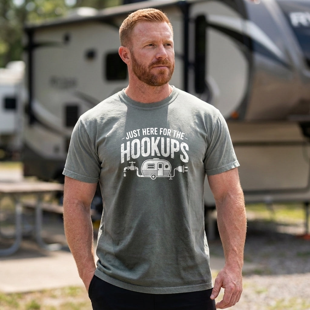 A man wearing a heather gray graphic t-shirt with the text 'JUST HERE FOR THE HOOKUPS' and a small camper graphic, standing outdoors in front of a large RV.