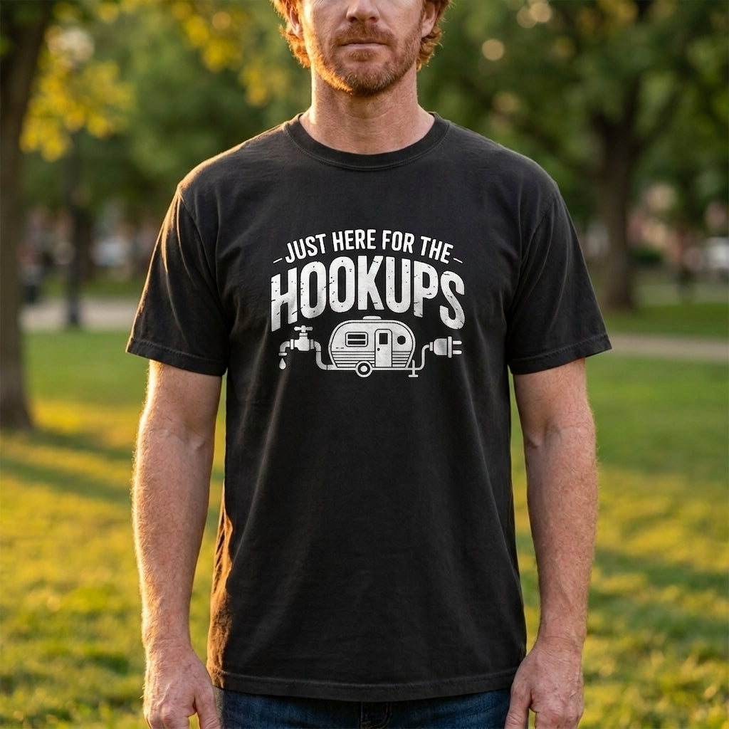A man wearing a black graphic t-shirt with a white print that reads 'JUST HERE FOR THE HOOKUPS' and features a small trailer illustration. The background is a blurred outdoor park scene with green grass and trees.