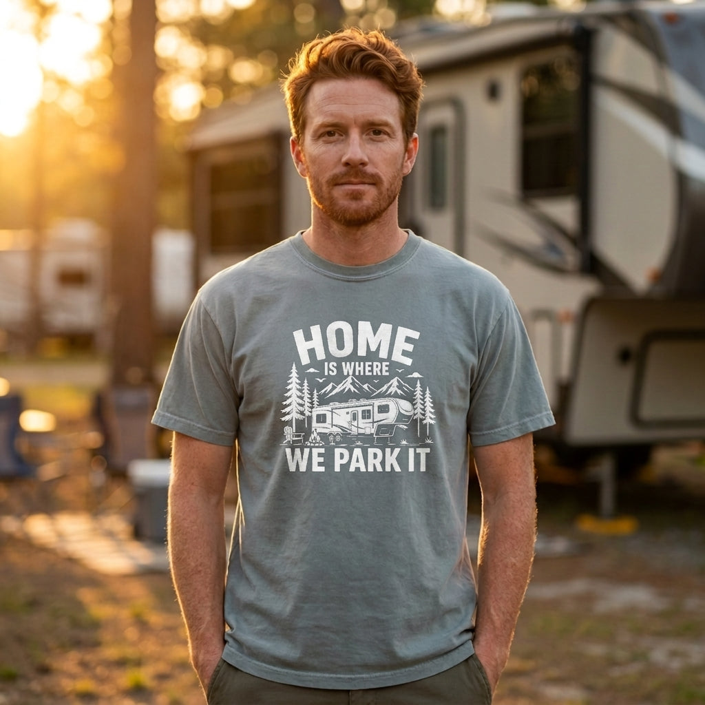 A man wearing a gray graphic t-shirt with the text 'HOME IS WHERE WE PARK IT' and a camping RV design, standing in front of a blurred RV at sunset.