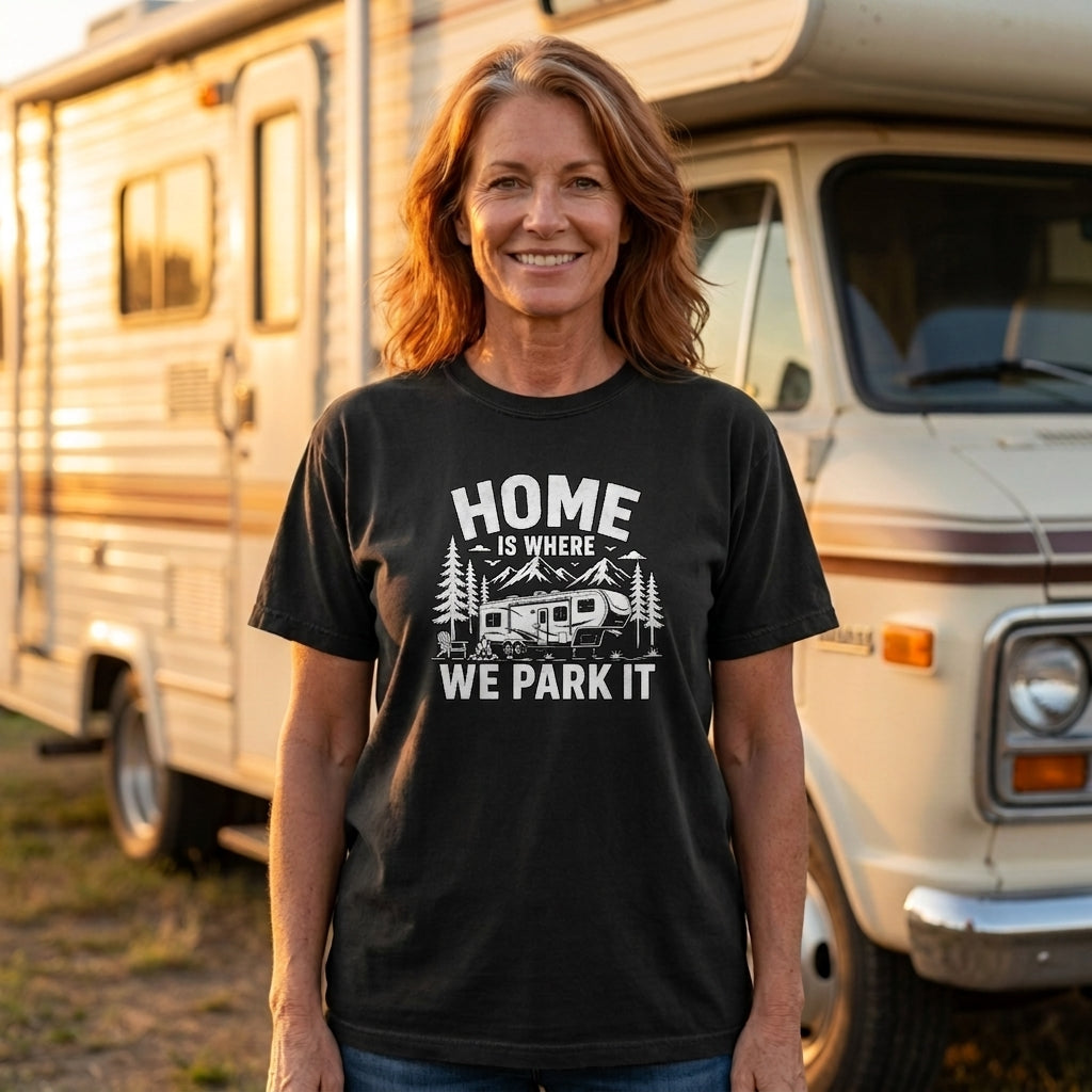A woman wearing a black graphic t-shirt stands in front of a vintage camper van at sunset. The t-shirt features a white graphic of a travel trailer surrounded by trees with the text 'HOME IS WHERE WE PARK IT'.