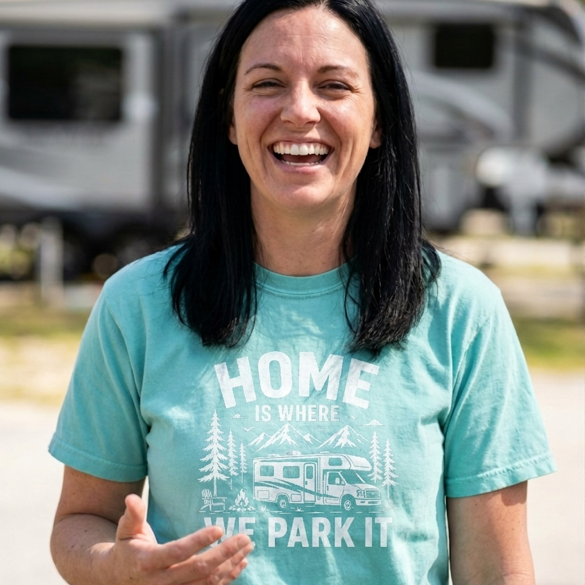 A woman smiling outdoors wearing a light aqua t-shirt with a white graphic that reads 'We Be TRIPPIN'' and shows a campervan illustration. A blurred RV is visible in the background.