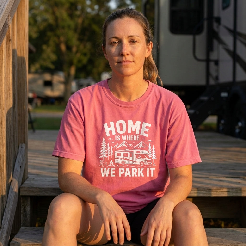 A woman sitting on wooden steps outdoors wearing a pink graphic t-shirt with the text 'HOME IS WHERE WE PARK IT' and a campground scene illustration.