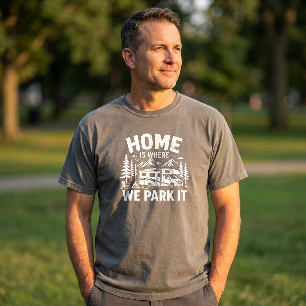 A man standing outdoors in a grassy park wearing a gray graphic t-shirt with a white print that reads 'HOME IS WHERE WE PARK IT' with an RV and trees.