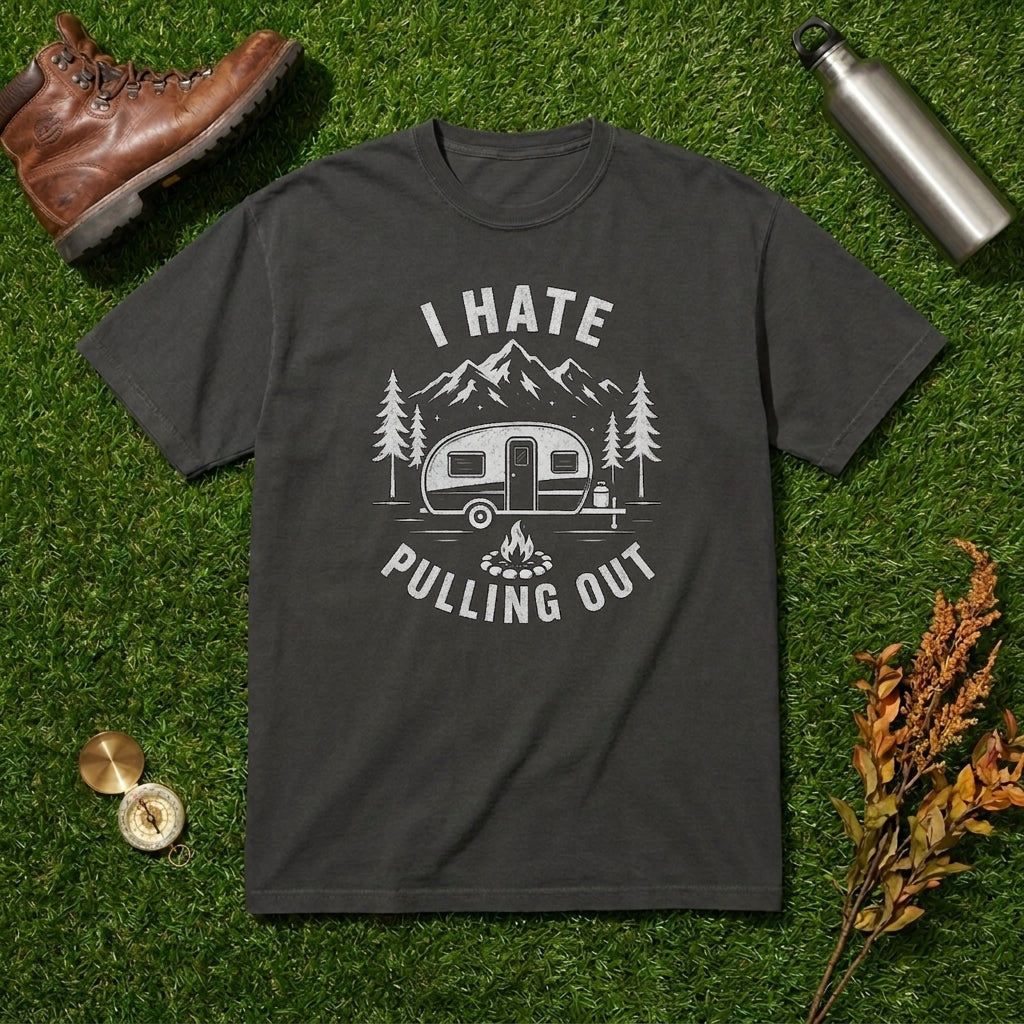 Dark charcoal gray I Hate Pulling Out t-shirt with a camper, mountains, and trees graphic laid flat on green grass with a leather boot, water bottle, compass, and dried leaves.