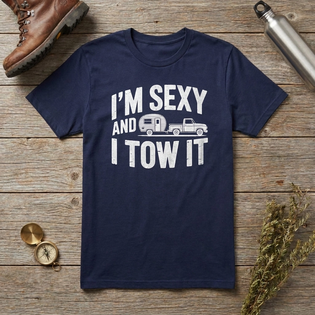 A navy blue crewneck t-shirt with a white graphic print reading 'I'M SEXY AND I TOW IT' with a trailer and truck illustration, laid flat on a rustic wooden surface with outdoor props including a boot, compass, bottle, and dried flowers.