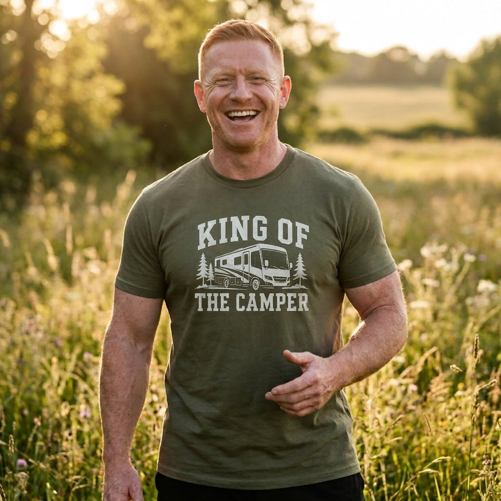 A smiling man standing outdoors in a grassy field at sunset, wearing an olive green crew-neck t-shirt with a white graphic that reads 'KING OF THE CAMPER' above and below an RV illustration.