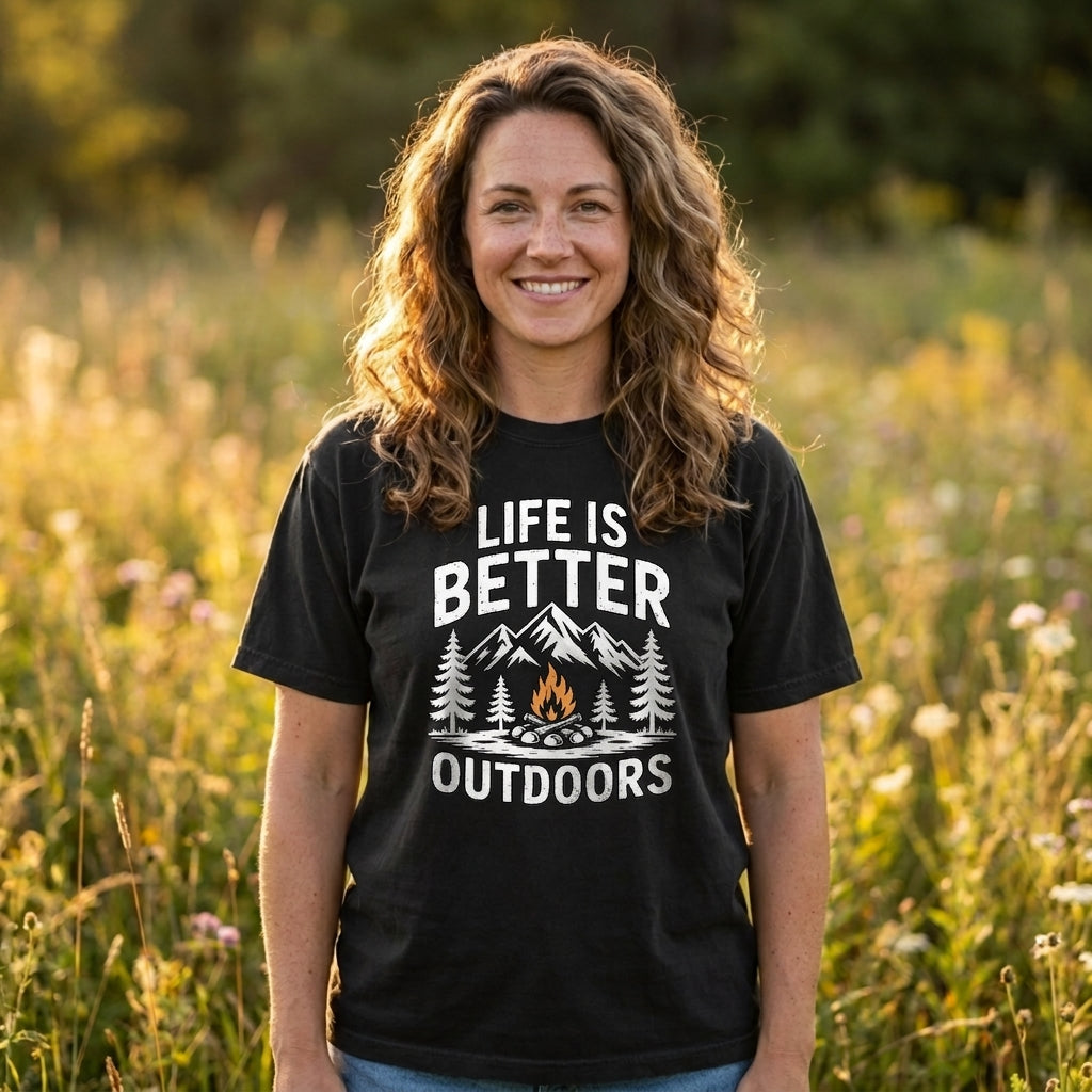A smiling woman with wavy light brown hair stands in a sunlit grassy field wearing a black graphic T-shirt with the phrase 'LIFE IS BETTER OUTDOORS' and a white mountain-and-campfire print.