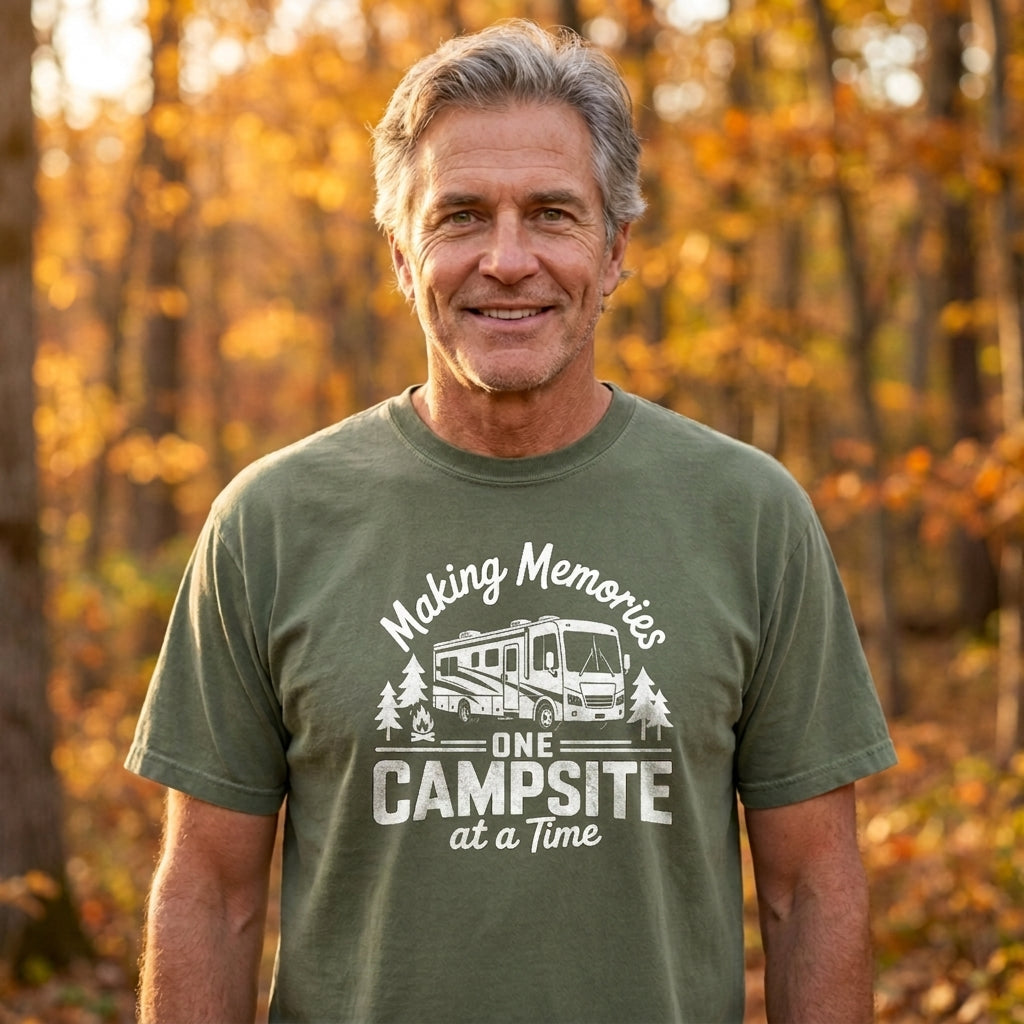 A smiling man wearing an olive green graphic t-shirt with a white RV and camping text design, standing in a forest with autumn foliage in the background.