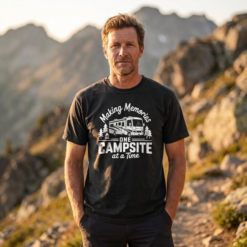 A man wearing a black graphic t-shirt with a white camping-themed print that reads 'Making Memories One Campsite at a Time' stands outdoors in a mountain setting.