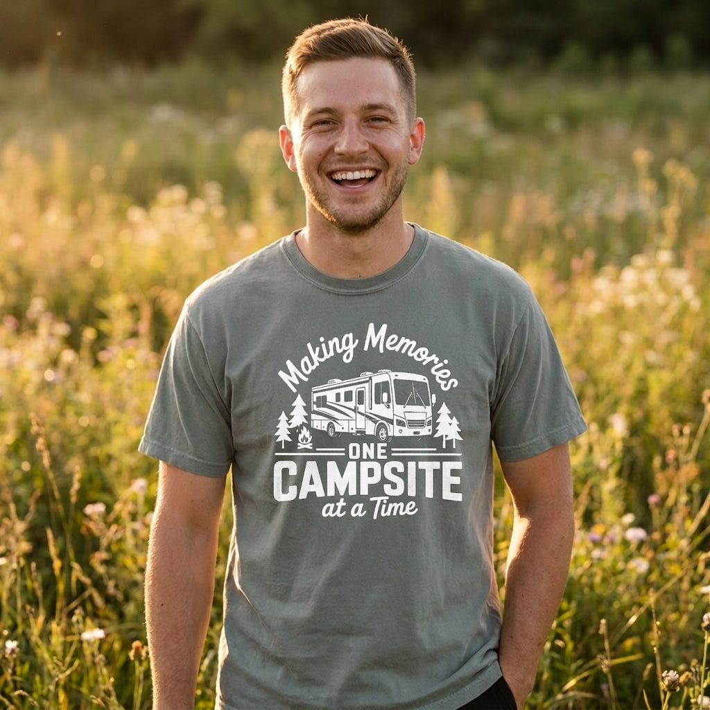 A smiling man standing outdoors in a grassy field at sunset, wearing a heather gray graphic t-shirt with a white print that reads 'Making Memories One Campsite at a Time' with an RV and trees.