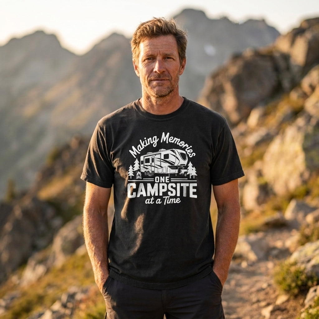 A man standing outdoors in a rocky mountain setting, wearing a black graphic T-shirt with a white camping illustration and the text 'Making Memories One Campsite at a Time'.