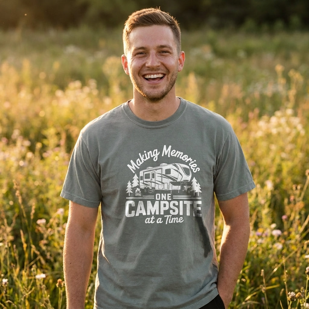 A smiling man standing outdoors in a grassy field at sunset, wearing a gray graphic T-shirt with the text 'Making Memories One Campsite at a Time' and a camper illustration.