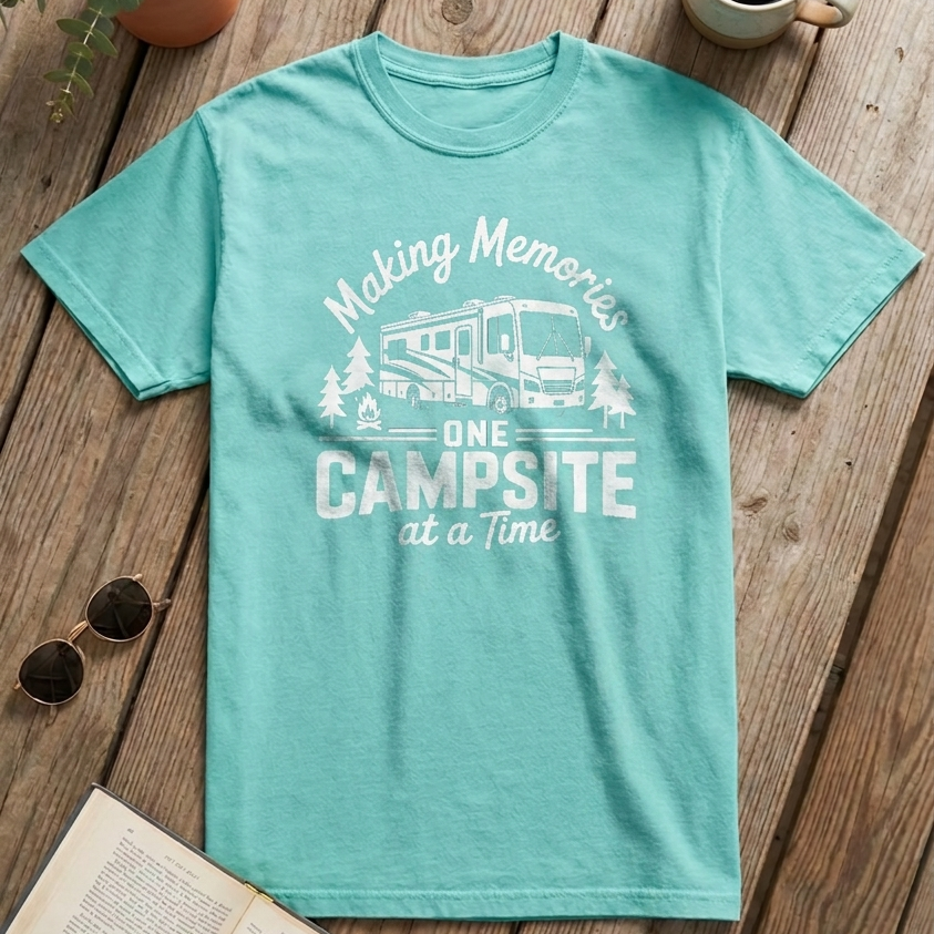 A mint green short-sleeve t-shirt with a white graphic print reading 'Making Memories One Campsite at a Time' featuring an RV and trees, laid flat on a rustic wooden surface with a coffee mug, sunglasses, an open book, and a small potted plant.