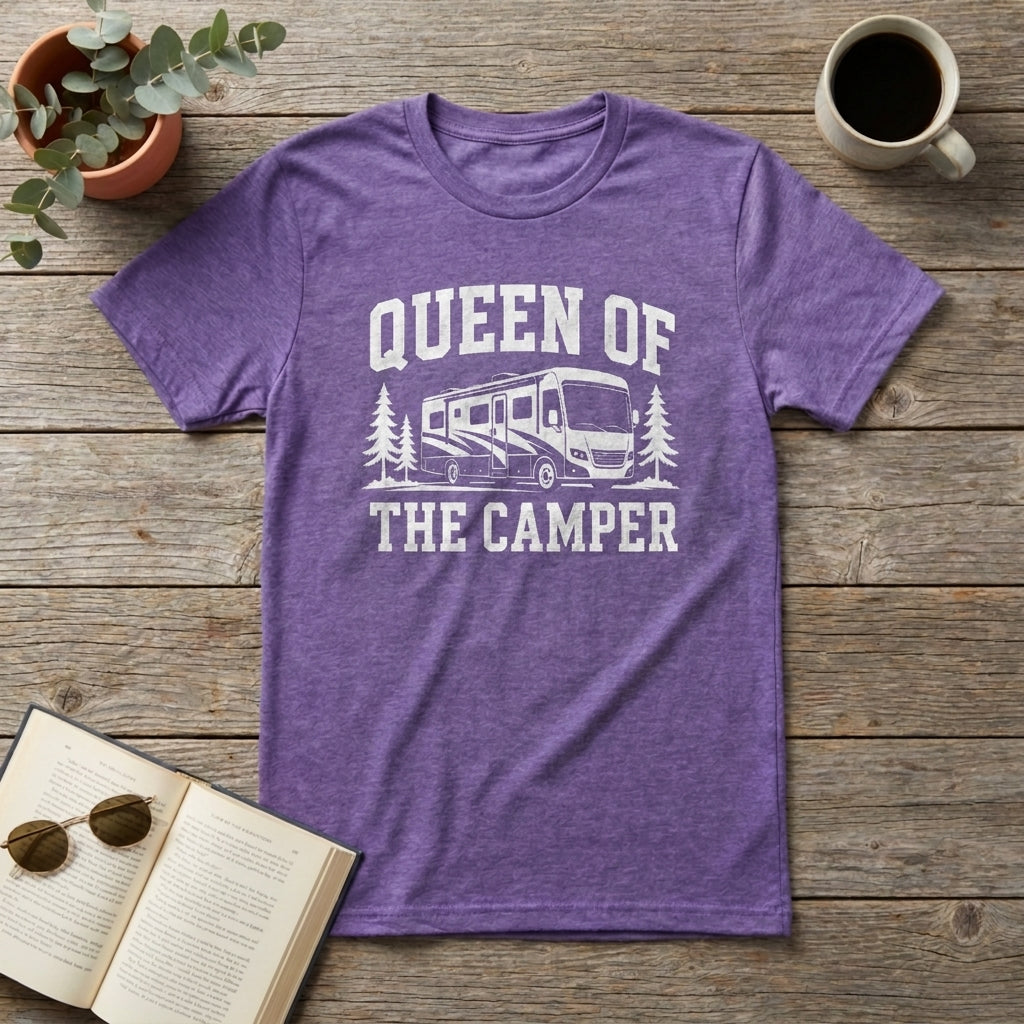 A heather purple short-sleeve t-shirt with a white graphic print reading 'QUEEN OF THE CAMPER' and an RV illustration, laid flat on a rustic wooden surface with a book, sunglasses, coffee mug, and small plant nearby.