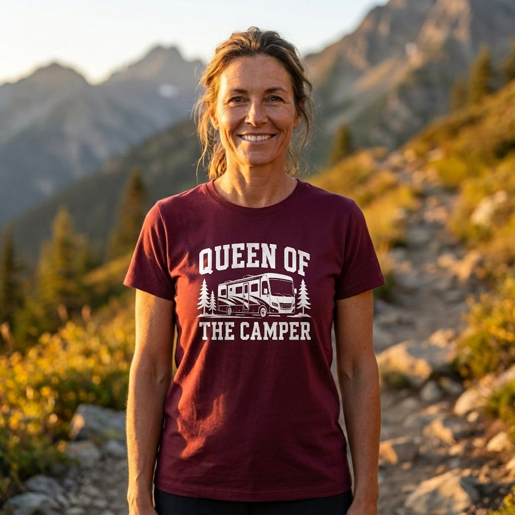 A woman standing outdoors in a mountain landscape wearing a maroon short-sleeve graphic T-shirt with white text reading 'QUEEN OF THE CAMPER' and a camper illustration.