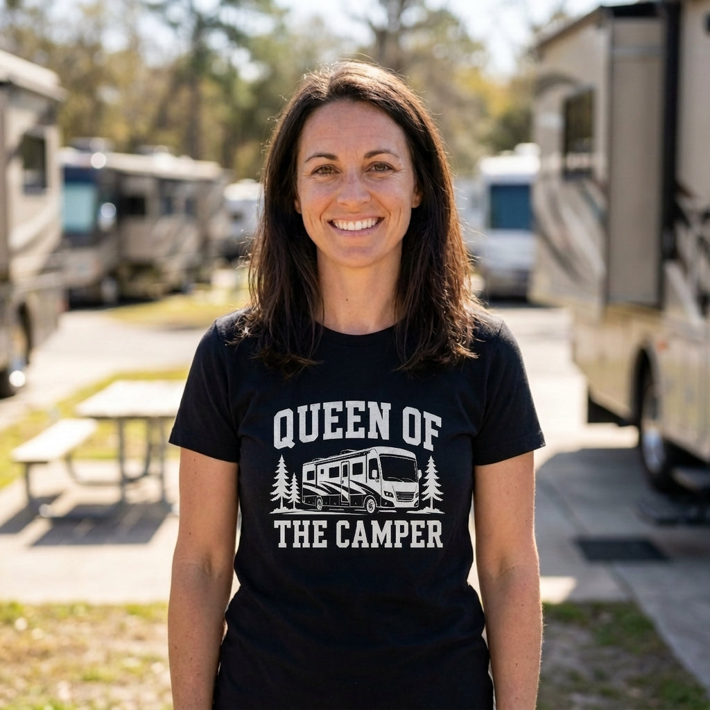 A smiling woman stands outdoors at a campground wearing a black short-sleeve T-shirt with a white graphic that reads 'QUEEN OF THE CAMPER' and shows an RV between trees.
