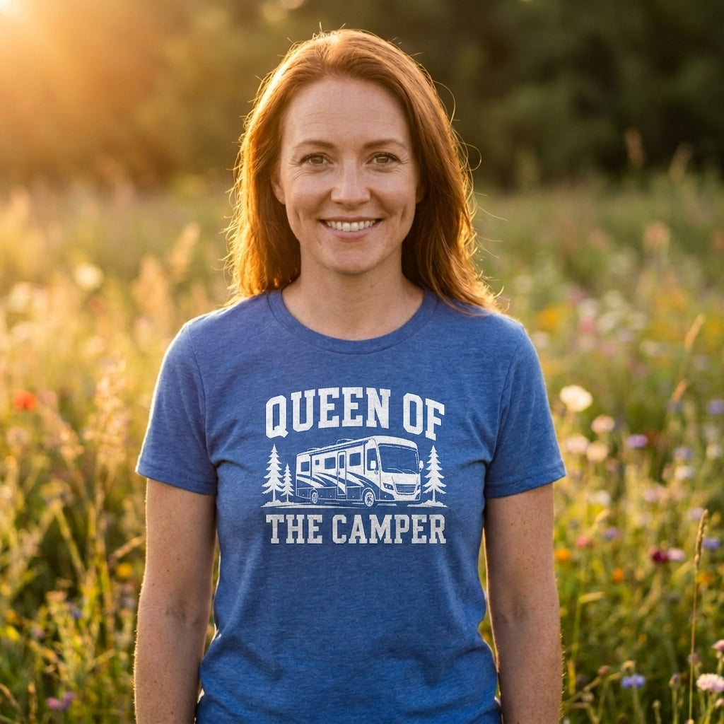 A smiling woman with red hair stands outdoors in a sunlit field wearing a heather blue graphic T-shirt that reads 'QUEEN OF THE CAMPER' with a white RV and trees print.