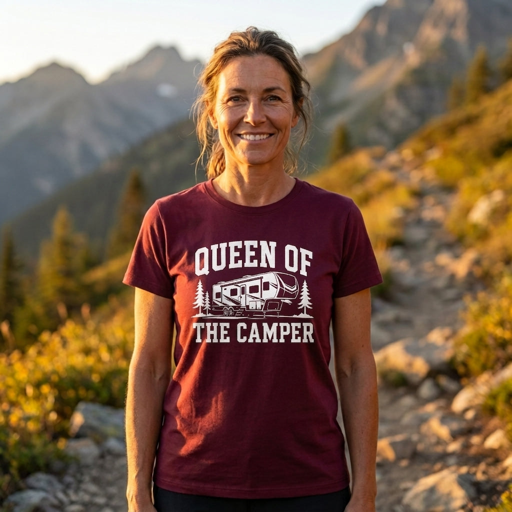 A woman standing outdoors in a mountain landscape wearing a maroon short-sleeve graphic T-shirt with white text reading 'QUEEN OF THE CAMPER' and a small camper illustration.