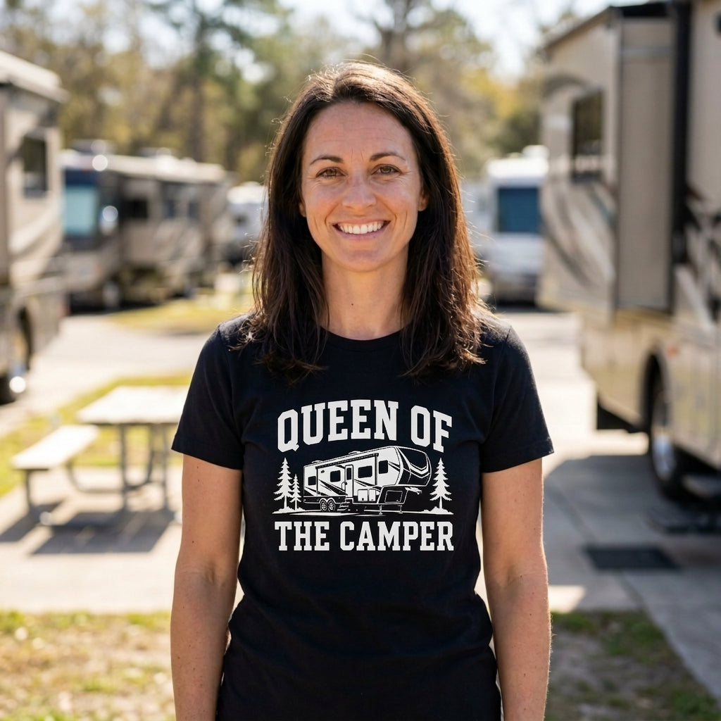 A smiling woman stands outdoors at a campground wearing a black graphic T-shirt that reads 'QUEEN OF THE CAMPER' with a camper illustration. RVs and picnic tables are blurred in the background.