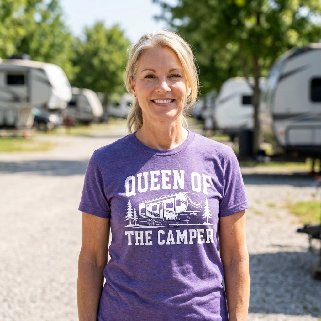 A smiling blonde woman wearing a purple graphic t-shirt that reads 'QUEEN OF THE CAMPER' with an RV and trees, standing outdoors at a campground with RVs in the background.
