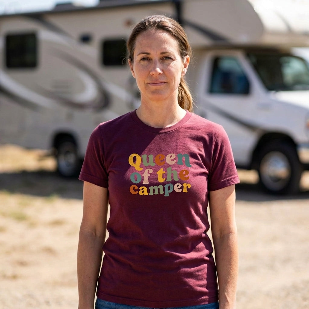 A woman wearing a maroon t-shirt with the text 'Queen of the camper' in a multicolor retro font, standing outdoors in front of a blurred recreational vehicle.
