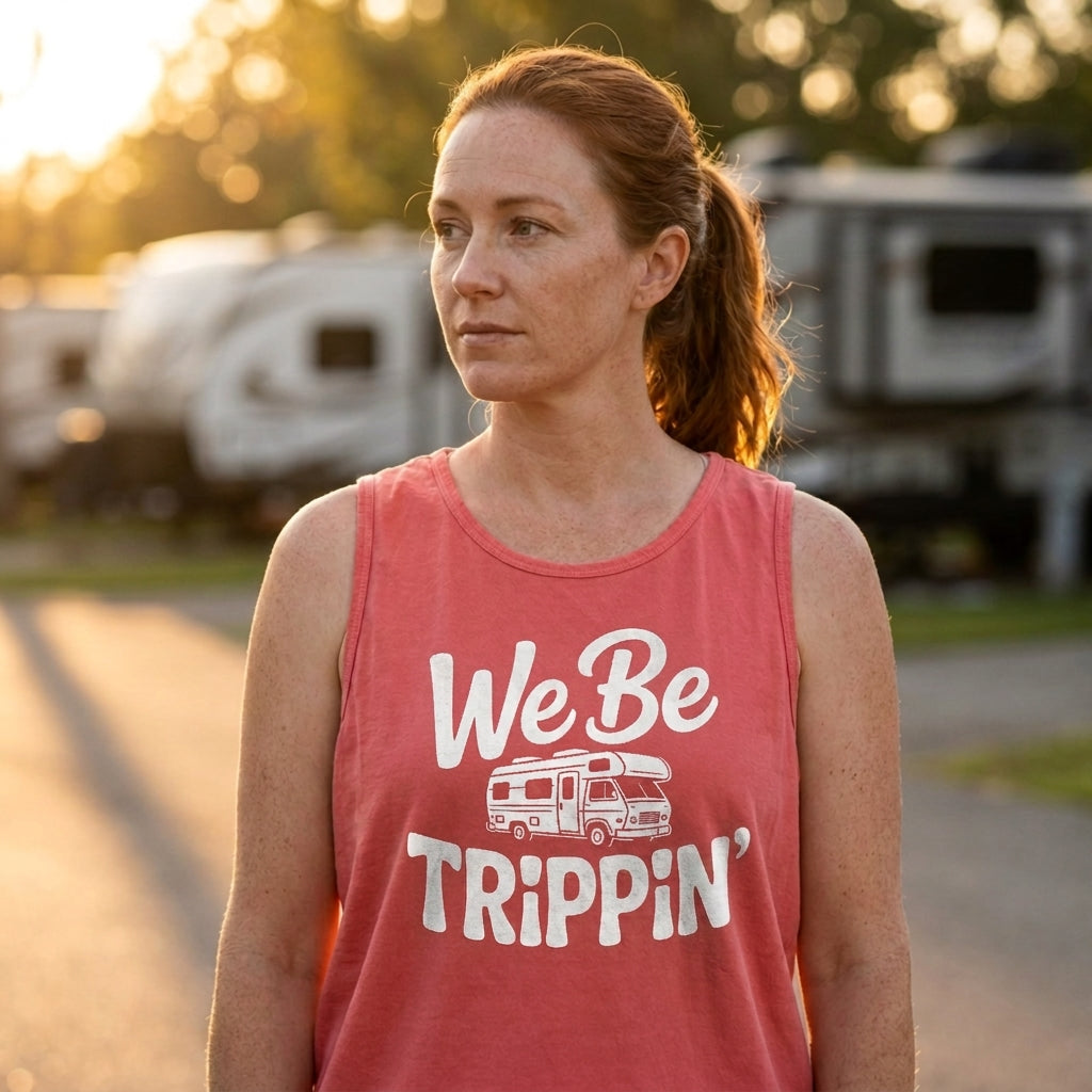 A woman wearing a coral pink sleeveless tank top with a white graphic that reads 'We Be TRIPPin'' and an RV illustration, standing outdoors in front of blurred RVs at sunset.