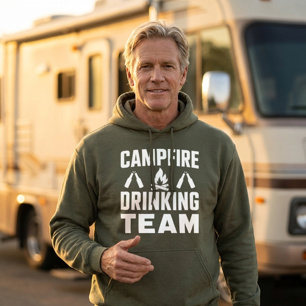 Man in an olive green Campfire Drinking Team hoodie standing in front of a motorhome