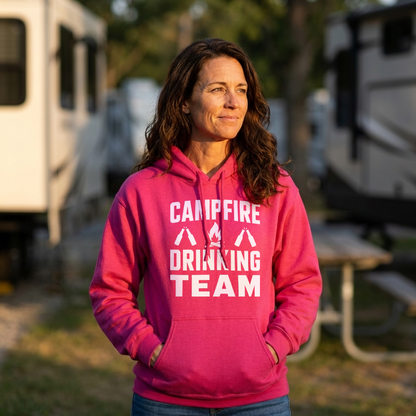 Woman in a bright pink Campfire Drinking Team hoodie standing in an RV campground with her hands in the pocket