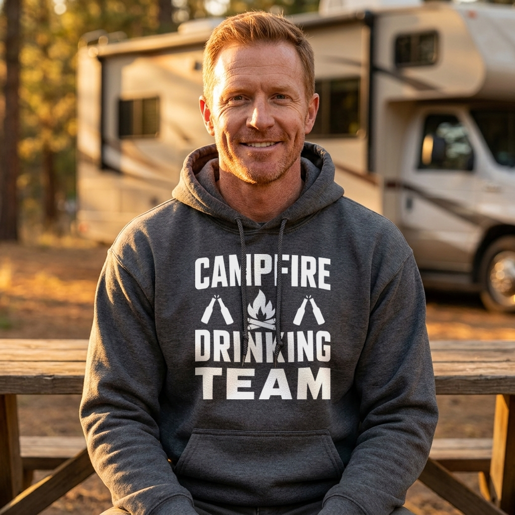 Smiling man in a dark gray Campfire Drinking Team hoodie sitting at a picnic table in front of a motorhome