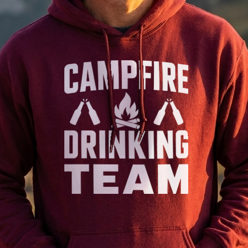 Close-up of a maroon hoodie with a white Campfire Drinking Team design of a campfire and two clinking bottles