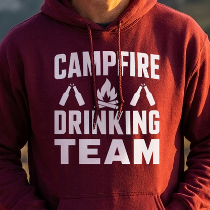 Close-up of a maroon hoodie with a white Campfire Drinking Team design of a campfire and two clinking bottles