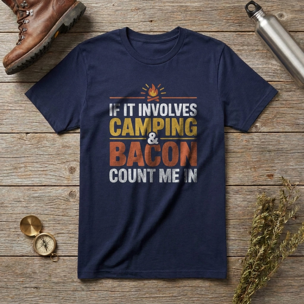 A navy blue graphic t-shirt laid flat on a rustic wooden surface, surrounded by outdoor-themed props including a brown hiking boot, a metal water bottle, a small compass, and dried herbs. The t-shirt features a graphic print that reads 'IF IT INVOLVES CAMPING & BACON COUNT ME IN' with a small campfire icon above.