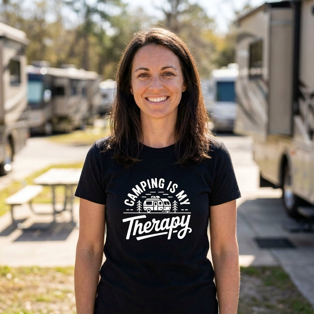 a woman with dark hair is standing outside in between multiple RVs. She is wearing a black t-shirt that says "camping is my therapy" with a camper in the middle of it.