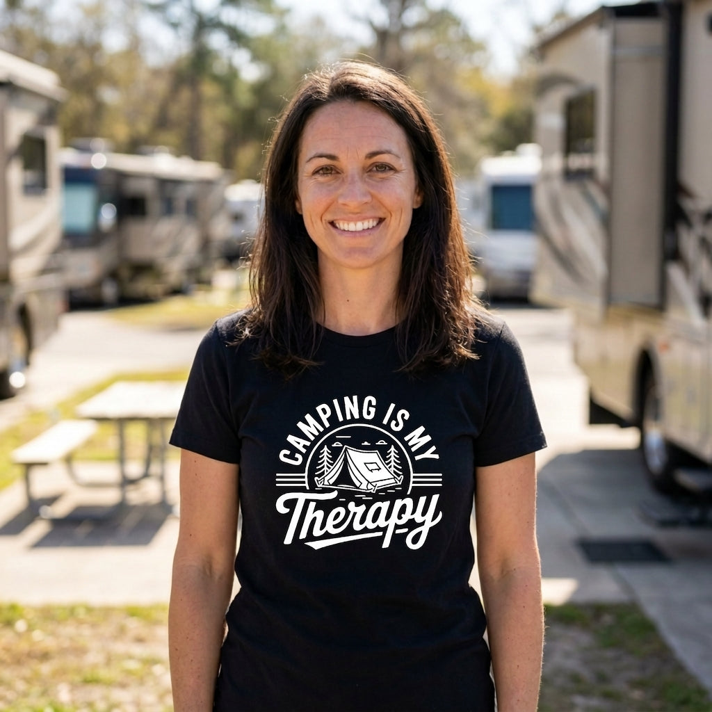 A smiling woman stands outdoors at a campground wearing a black short-sleeve T-shirt with a white graphic that reads 'CAMPING IS MY Therapy' with a tent illustration. RVs and picnic tables are blurred in the background.