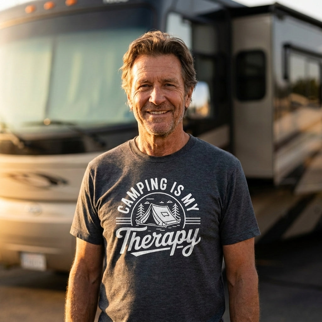 A smiling man wearing a dark gray t-shirt with a white graphic that reads 'CAMPING IS MY Therapy' stands in front of a large recreational vehicle (RV) during warm golden hour lighting.